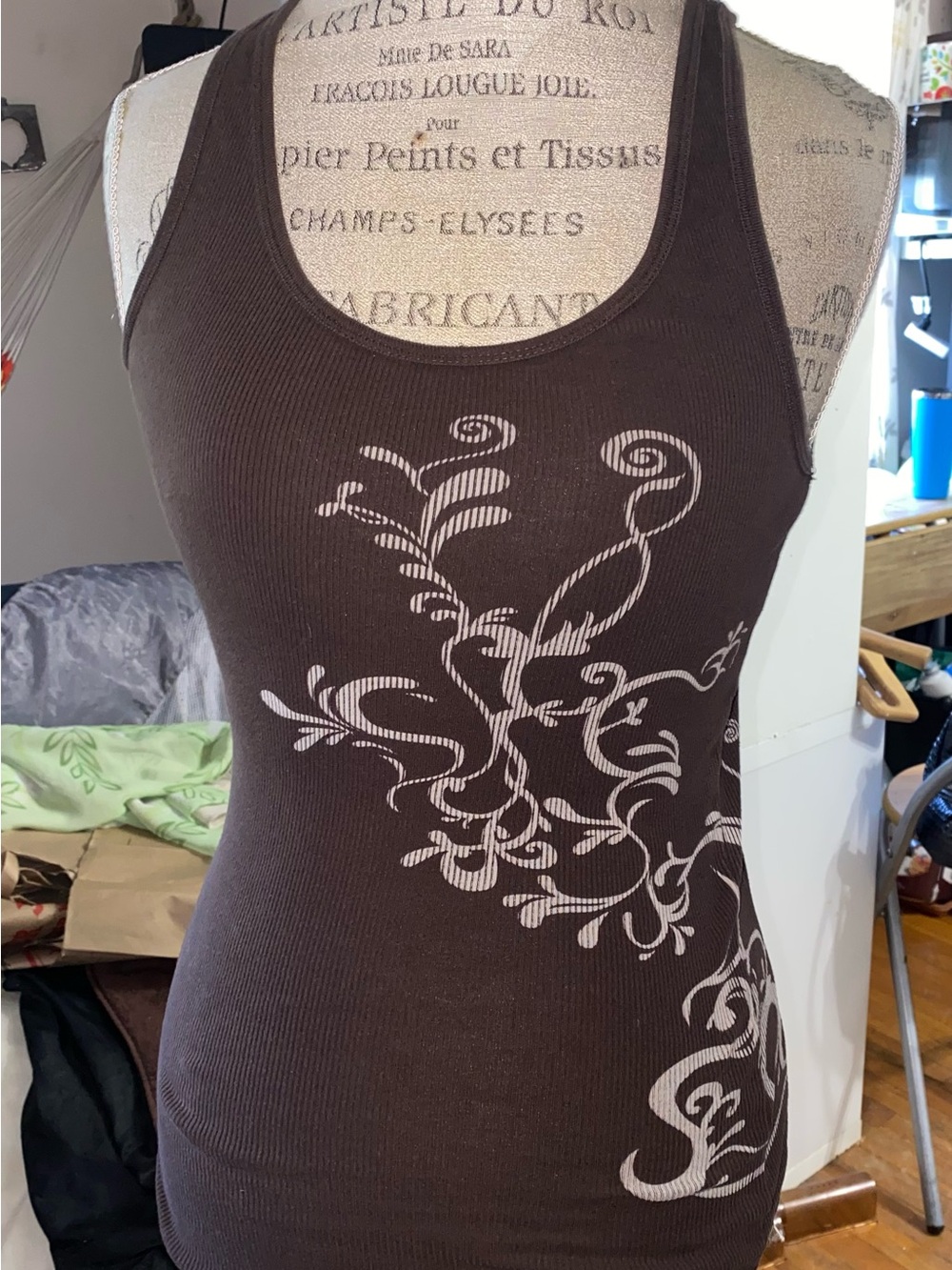 Old Navy Brown Ribbed Tank with Y2K Cream Floral Print